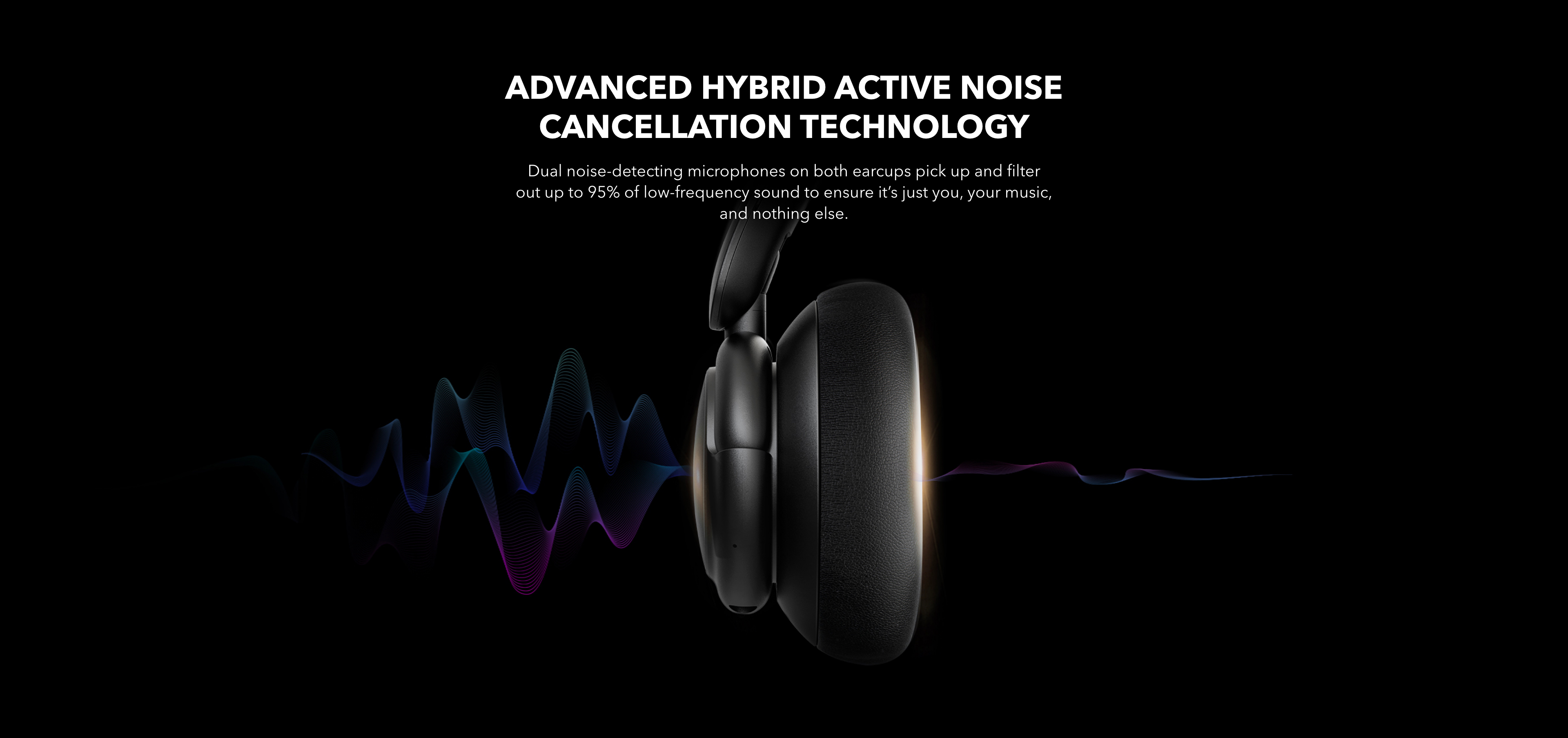 Advanced Hybrid Active Noise Cancellation Technology Dual noise-detecting microphones on both earcups pick up and filter out up to 95% of low-frequency sound to ensure it’s just you, your music, and nothing else.